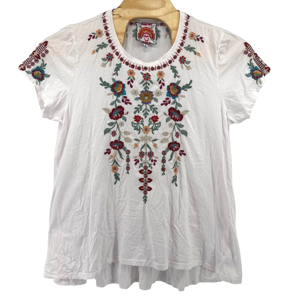 Johnny Was Nya Short Sleeve Tunic Top White Colorful Floral Embroidered XXL NEW